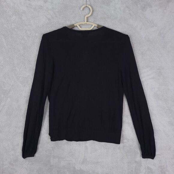 Theory Top Knit Blouse Women Black Sz M Long Sleeve Silk Blend Faux Wrap Keyhole - Picture 7 of 13